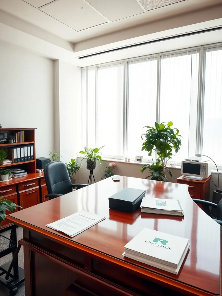 A clean and organized office space with a polished desk and natural light.