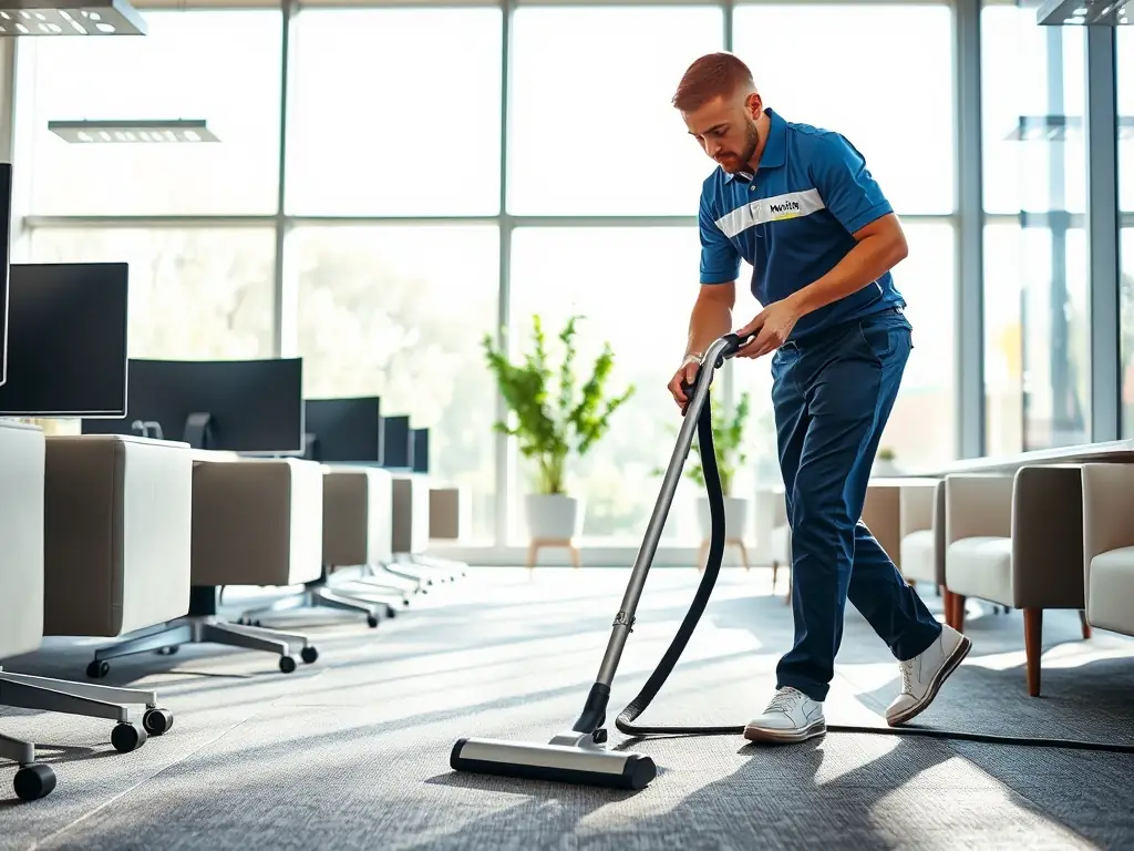 A professional cleaner vacuuming a modern office space, showcasing Monvita's office cleaning service.