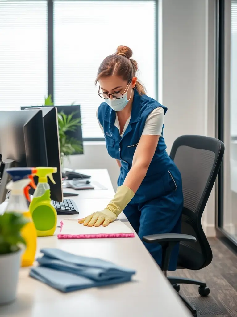 A professional cleaner carefully cleaning an office desk with supplies around her.