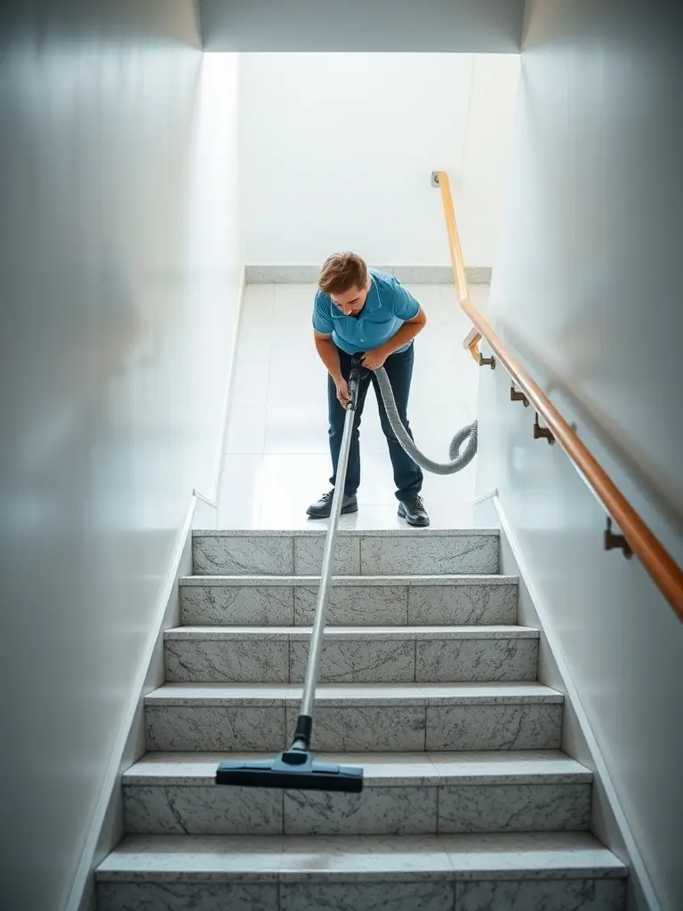 A cleaner vacuuming a stairwell, emphasizing thorough cleaning.