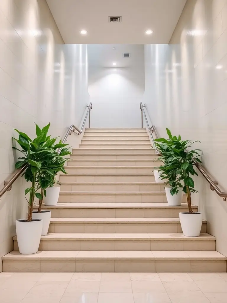 A clean and well-maintained stairwell with bright lighting.