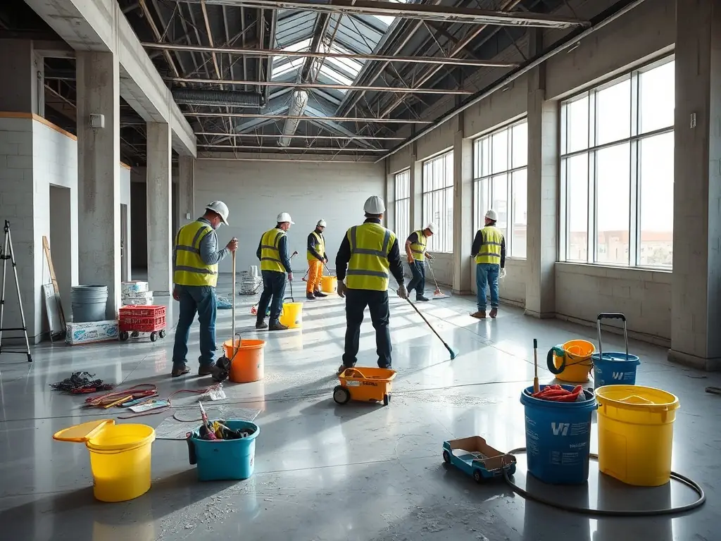 A team of cleaners deep cleaning a newly constructed building.