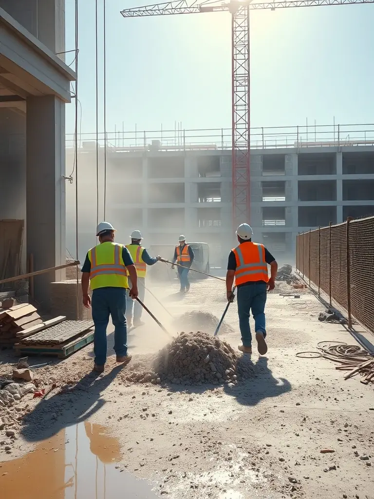 Workers cleaning a busy construction site with debris and dust.