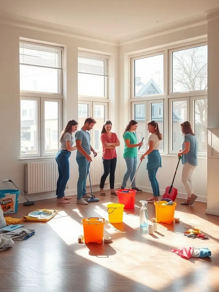 A team of cleaners working in an empty apartment, showcasing their expertise in move-out cleaning.